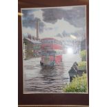 Original framed watercolour Blackburn red bus in f