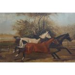 Oil on canvas horses & steam train dated 1863. 50