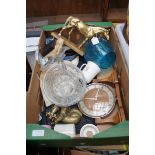 Box of glass, ceramics to include brass ware & mid