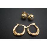 9ct Gold studs with clear stone & 9ct gold hoop ea