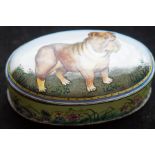 Hand painted enamel oval lidded pot (Bulldog on li