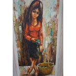 Oil on canvas retro painting of a girl with basket