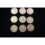 Collection of 9x 2 pound coins to include Lord Kit