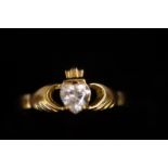 9ct Gold Claddagh ring set with clear stone Size G