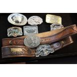 Collection of belt buckles & 3 leather belts