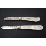 2x Silver fruit knives with mother of pearl handle