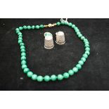 Green hard stone necklace, matching earrings & 2 s