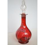 Cranberry & enamel glass decanter