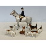 Beswick huntswoman on dapple grey, 1 fox & 4 hounds & beagle