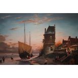 Oil on canvas dutch harbour scene signed P. C Stee