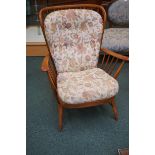 Ercol stick back arm chair, upholstered arm pads