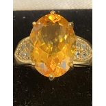9ct gold ring set with large citrine & diamonds We