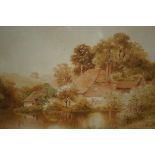 Victorian Watercolour Lake and Cottage Scene Signe