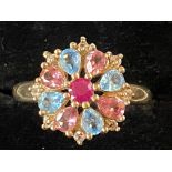 9ct Gold multi colour cluster ring with diamonds &