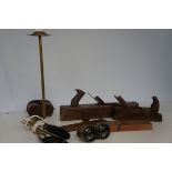 4x Wood working planes, pair of binoculars & compa