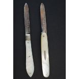 2x Silver bladed fruit knives with mother of pearl