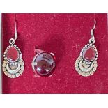 Red stone silver earrings & ring