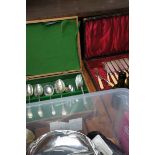 Box of metal ware to include 2x cases of flatware