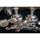 Silver plated dwarf candle sticks, christening mug (WMF) & collection of silver plated spoons