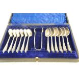 12 Spoons & sugar tongs boxed