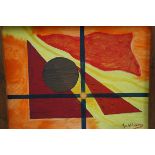 Abstract oil on board titled sunrise sunset signed