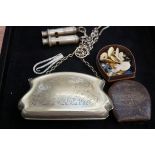 A.R.P whistle x2, silver plated clutch bags, butto