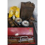 Vintage petrol can, blow lamp, extinguisher, car h