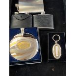 3 Hip flasks, thermometer keyring & large hip flas