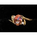 9ct Gold ring set with red topaz & diamond Size N