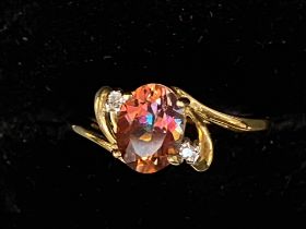 9ct Gold ring set with red topaz & diamond Size N