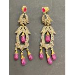 Diamond, ruby and sapphires earring set in silver & yellow metal