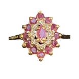 9ct Gold cluster ring set with rubies & diamonds W