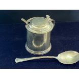 Silver lidded mustard pot with 2 silver spoons & b