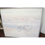 Large framed canvas painted by Lee Reynolds 'boats