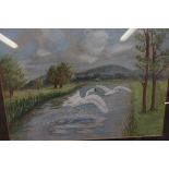 Signed Pastel swans on river signed Stan Macintyre