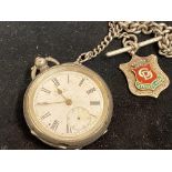 Silver pocket watch & chain with fob