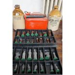 Chess set, 2 stoneware bottles & metal petrol can