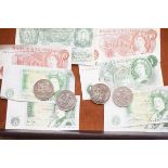 Collection of British notes & 4 five pound coins
