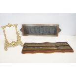 Brass photo frame, toilet sign & snooker score boa