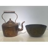 Copper kettle & early brass Chinese sounding bowl (signed)