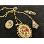 4 Micro mosaic items - 2 necklaces & 2 brooches