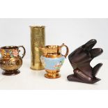 Trench art shell, 2 victorian jugs & figure