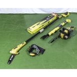 Ryobi One+ 18v cordless lopper OLP 1832B, an 18v cordless pole pruner OPP 1820 and a chainsaw