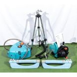 A Gardena hose reel, garden pump and irrigation equipment