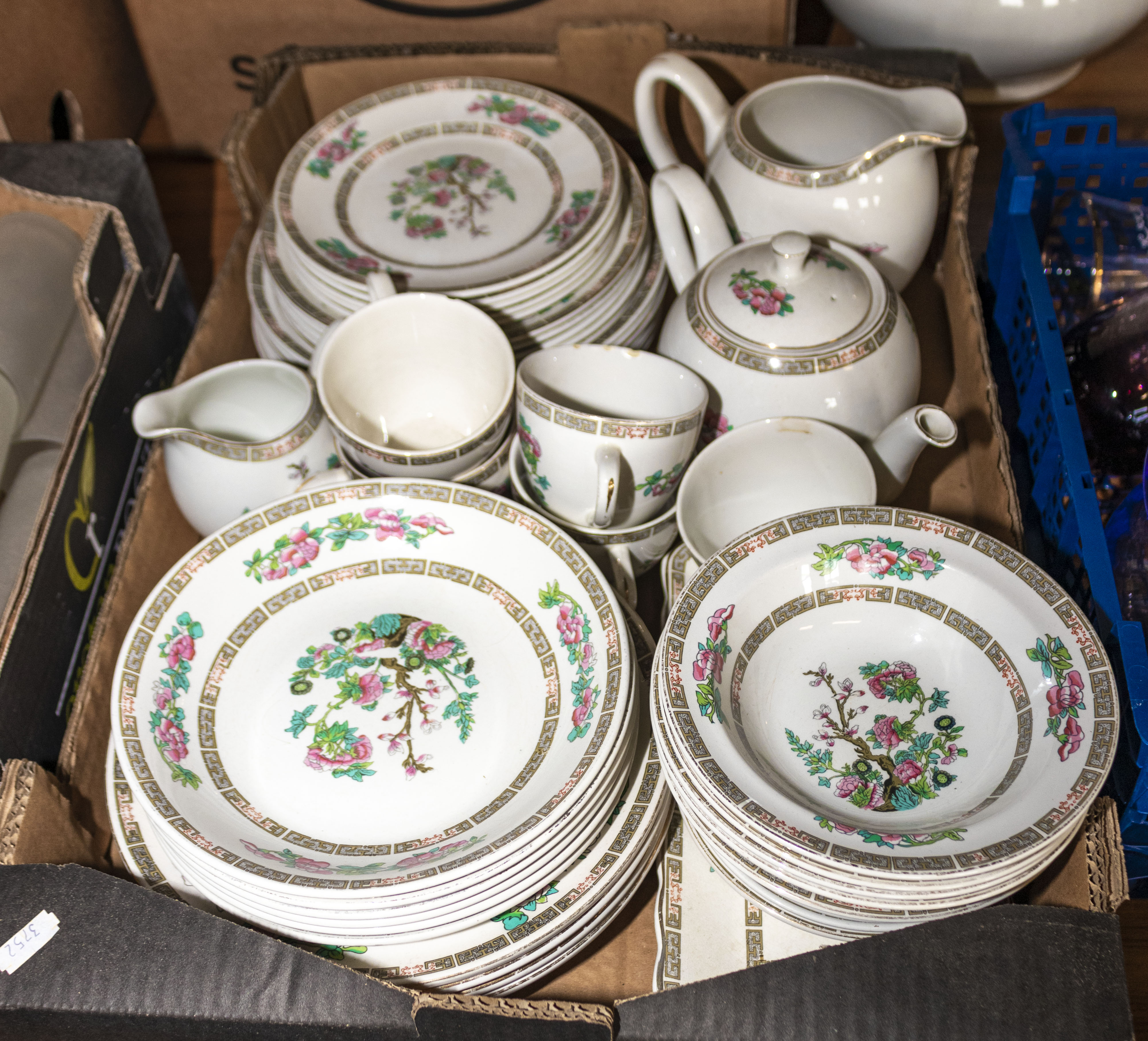 A box of assorted Indian Tree table ware