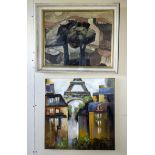 A framed abstract oil and an unframed canvas