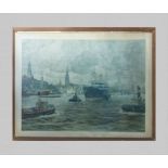 A large framed print of a harbour scene