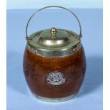 A wooden and silver plated biscuit barrel