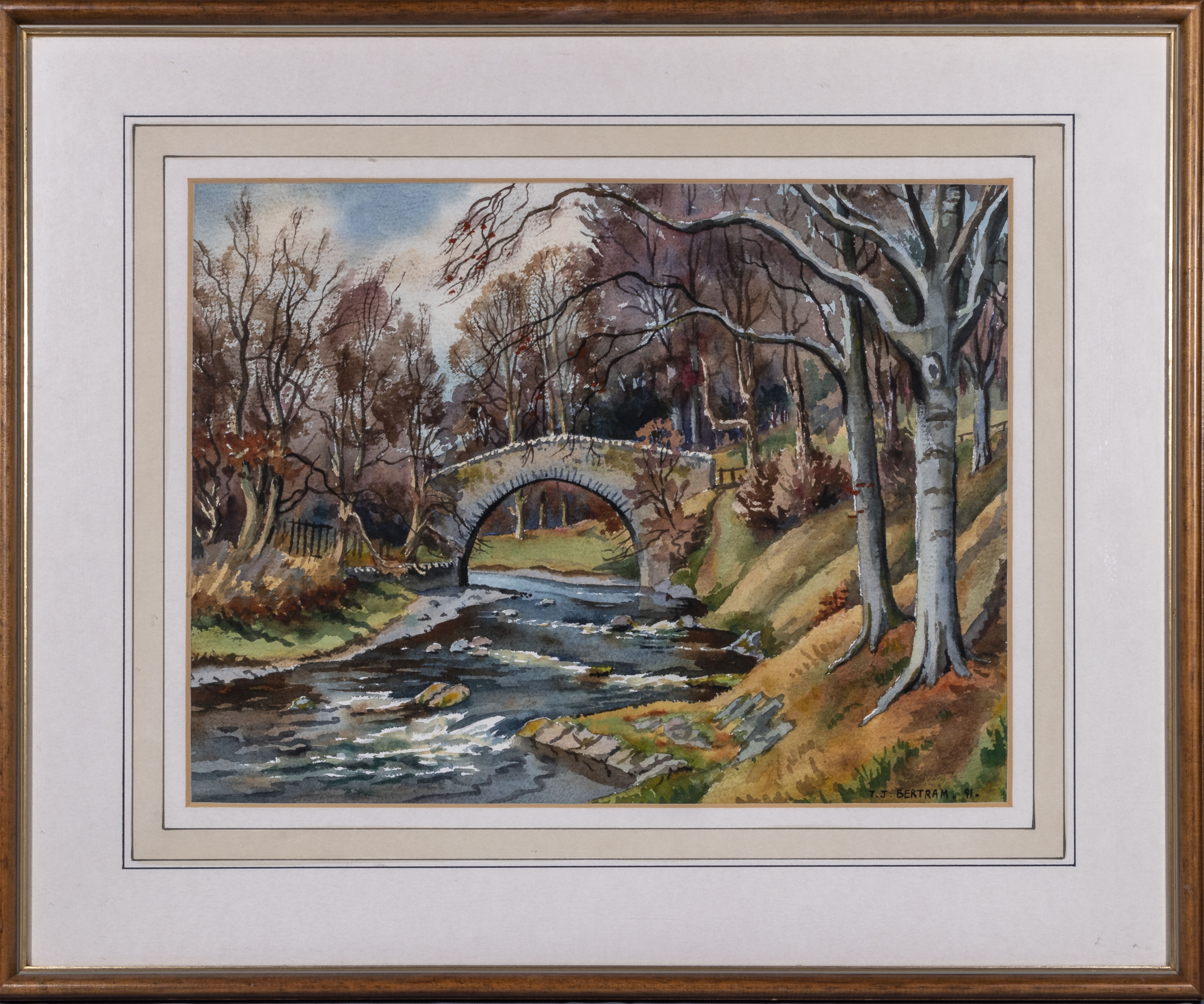 T J Bertram - a framed water colour titled Cuddy Bridge, Innerleithen, image size 32cm x 40cm