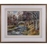 T J Bertram - a framed water colour titled Cuddy Bridge, Innerleithen, image size 32cm x 40cm